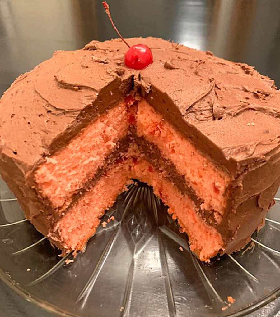 Maraschino Cherry Cake with Chocolate Icing