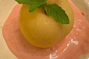 Champagne-Poached Nectarines With Raspberry Mousse