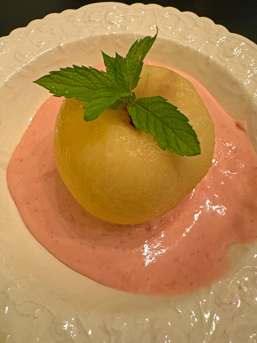 Champagne-Poached Nectarines With Raspberry Mousse