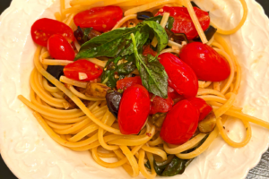 Tomatoes, Eggplant, and Basil Pasta