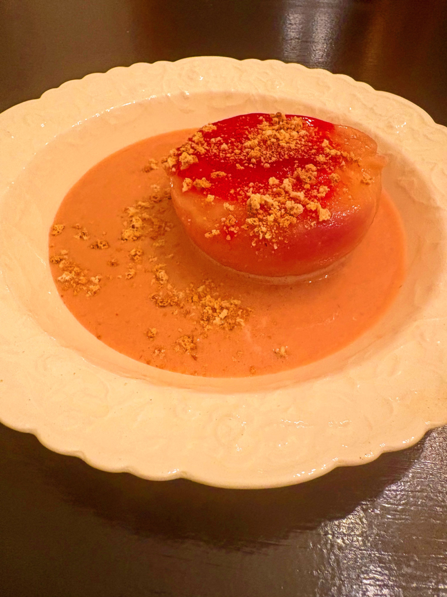 Peaches in Raspberry Crème Anglaise